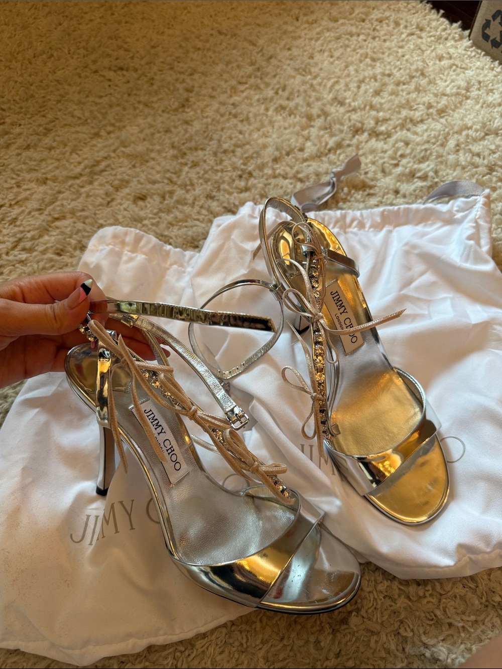 Jimmy Choo Metallic Silver Strappy Stiletto Sandals